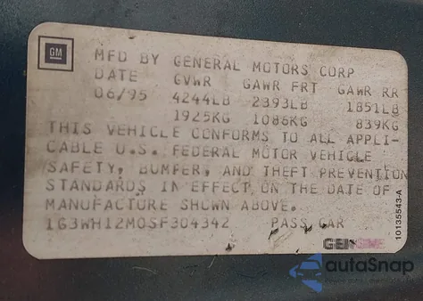 1995 Oldsmobile Cutlass Supreme Sl from USA, damaged, VIN 1G3WH12M0SF304342